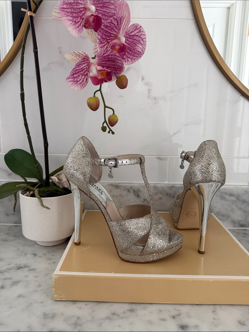 Michael Kors Silver Glitter T-Strap High Heel Sandals